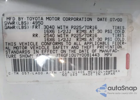 2000 Lexus Rx 300 из США, поврежденный, VIN JT6GF10U7Y0081443